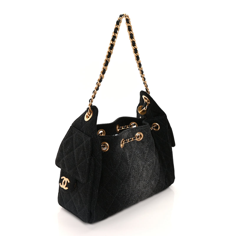  Chanel Washed Denim Quilted Mini Chanel 25 Handbag  Black