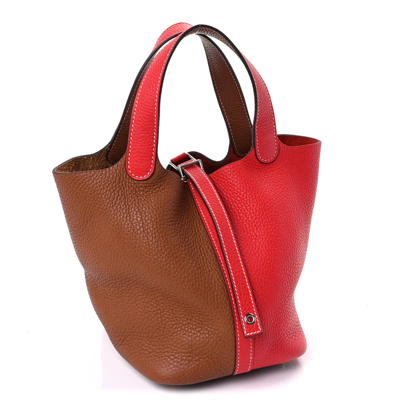  Hermes Taurillon Clemence Casaque Picotin Lock 18 PM  Gold Rouge De Coeur