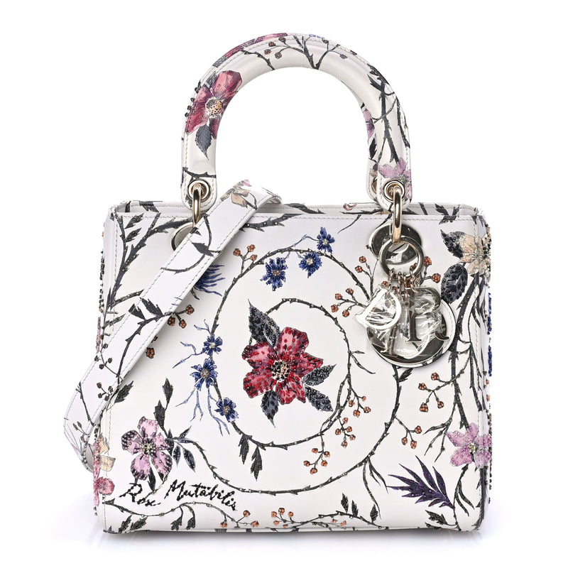  Christian Dior Calfskin Rosa Mutabilis Embroidered Medium Lady Dior  White Multicolor