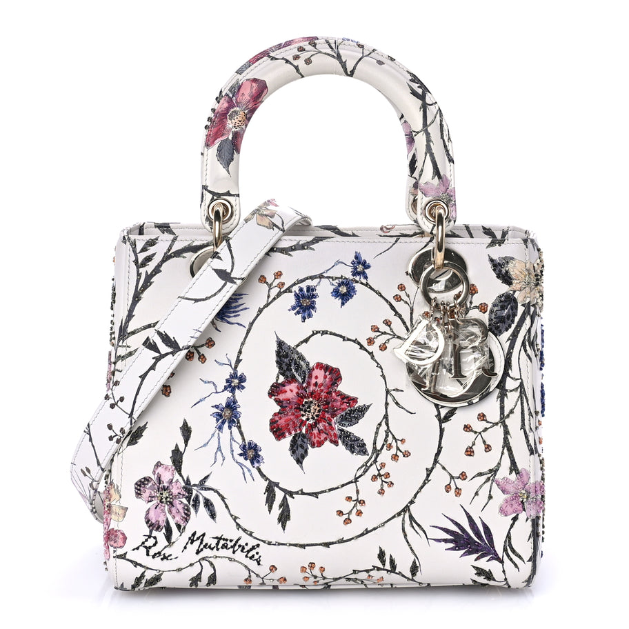 Christian Dior Calfskin Rosa Mutabilis Embroidered Medium Lady Dior  White Multicolor Image 1