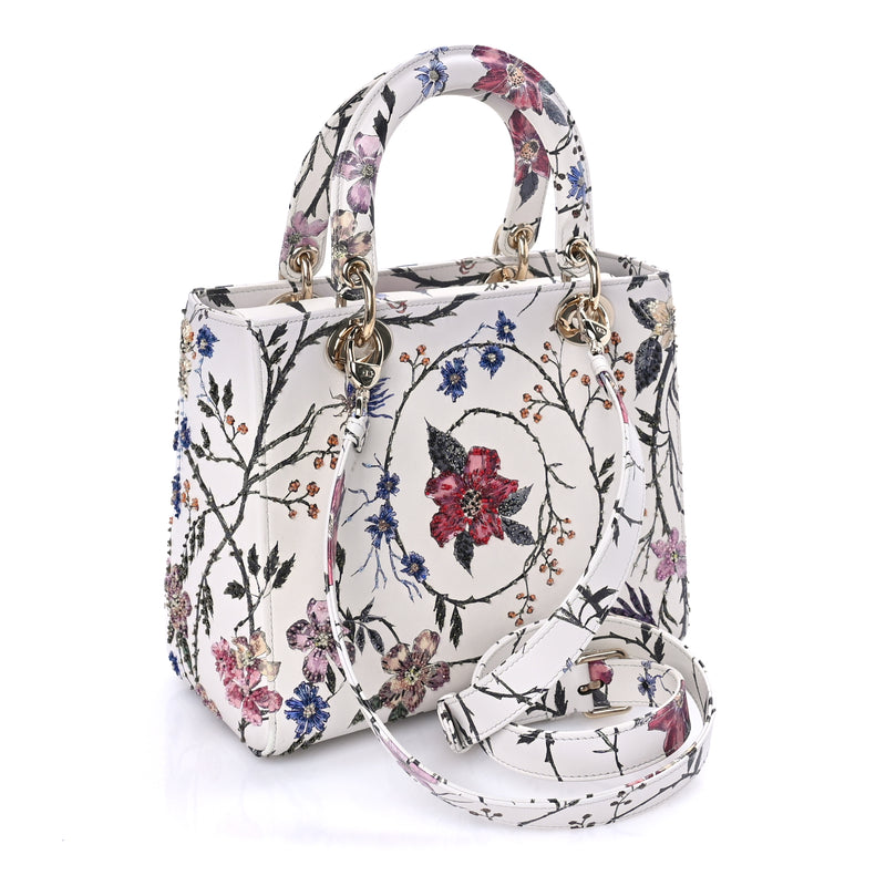  Christian Dior Calfskin Rosa Mutabilis Embroidered Medium Lady Dior  White Multicolor