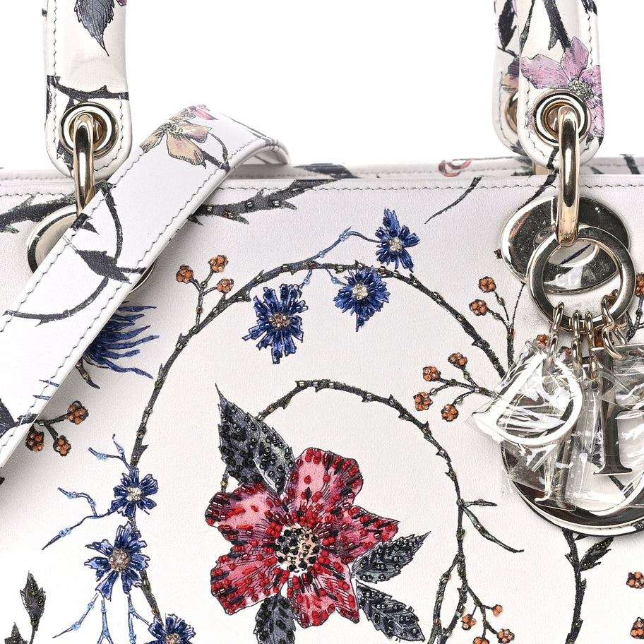 Christian Dior Calfskin Rosa Mutabilis Embroidered Medium Lady Dior  White Multicolor Image 6