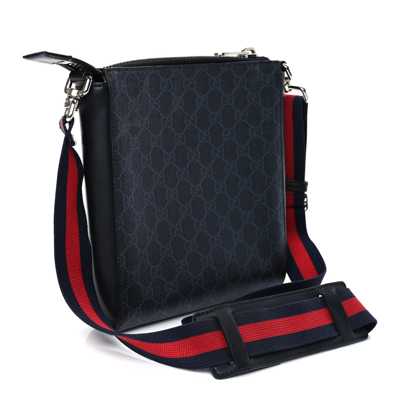  Gucci GG Supreme Monogram Web Small Flat Messenger Bag Black Grey