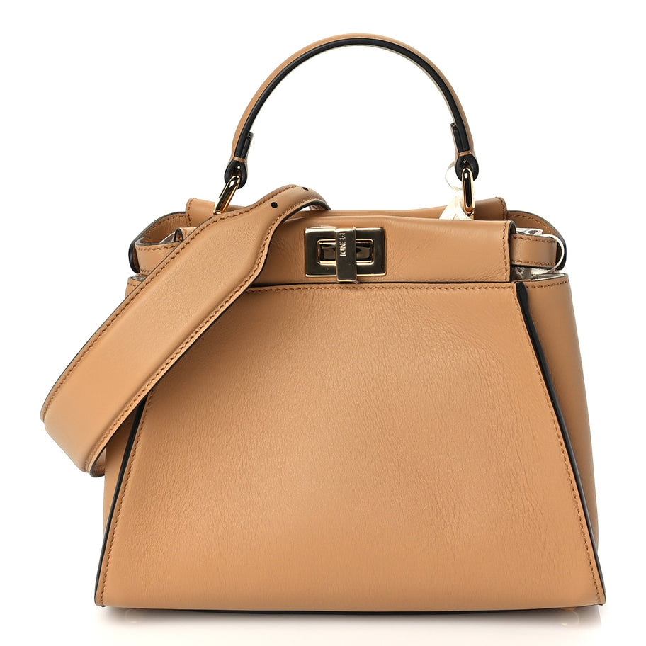 Fendi Vitello Seta Canvas FF Embroidered Mini Peekaboo Iconic Satchel Miele Scuro Poudre Image 1