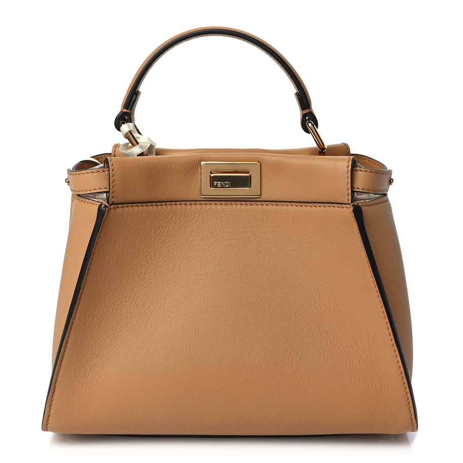 Fendi Vitello Seta Canvas FF Embroidered Mini Peekaboo Iconic Satchel Miele Scuro Poudre Image 1