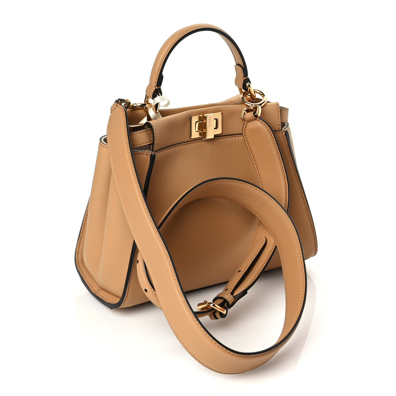  Fendi Vitello Seta Canvas FF Embroidered Mini Peekaboo Iconic Satchel Miele Scuro Poudre