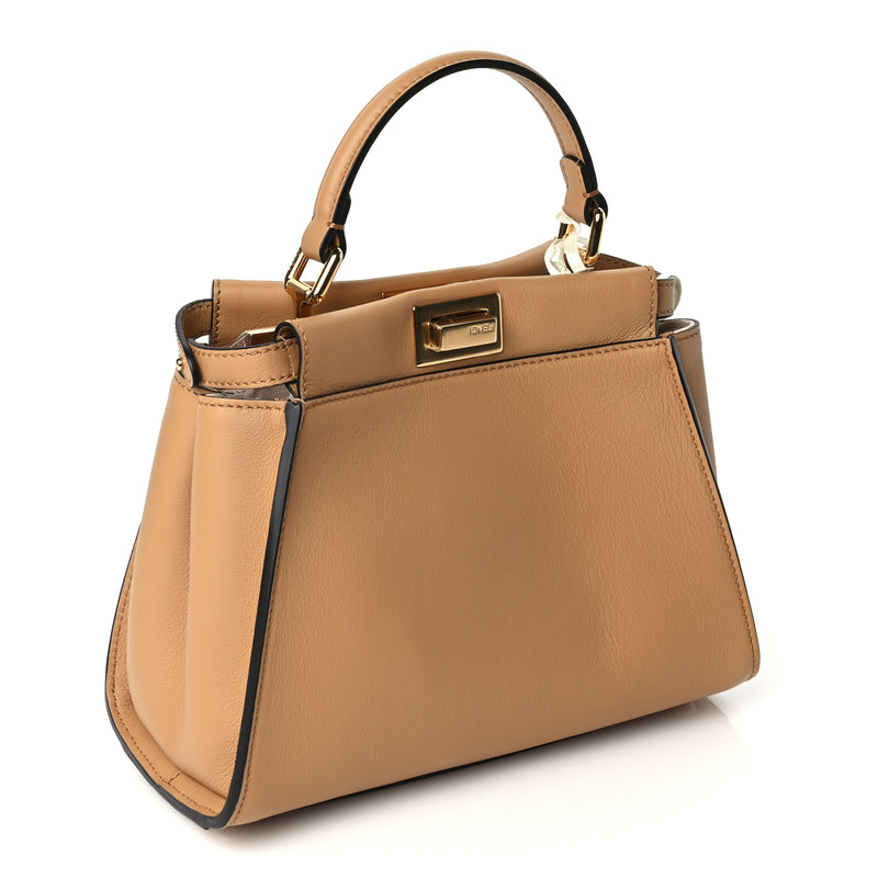  Fendi Vitello Seta Canvas FF Embroidered Mini Peekaboo Iconic Satchel Miele Scuro Poudre