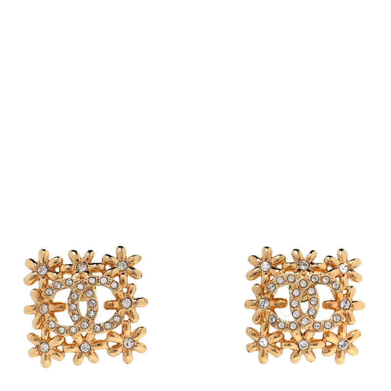  Chanel Crystal CC Flower Earrings Gold