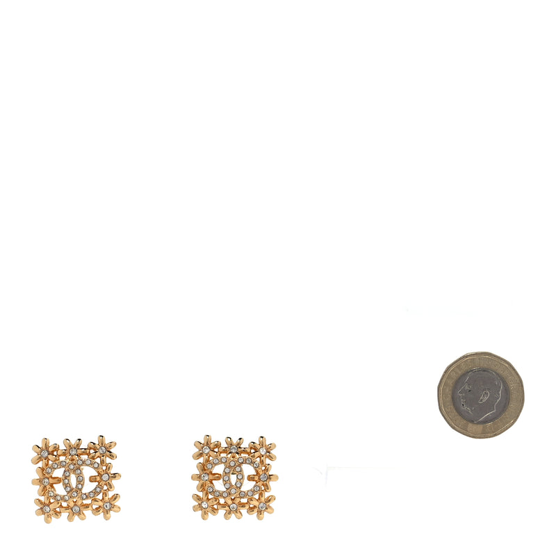  Chanel Crystal CC Flower Earrings Gold