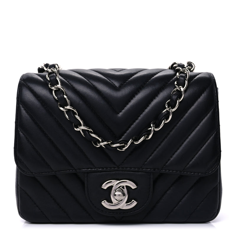  Chanel Lambskin Chevron Quilted Mini Square Flap  Black