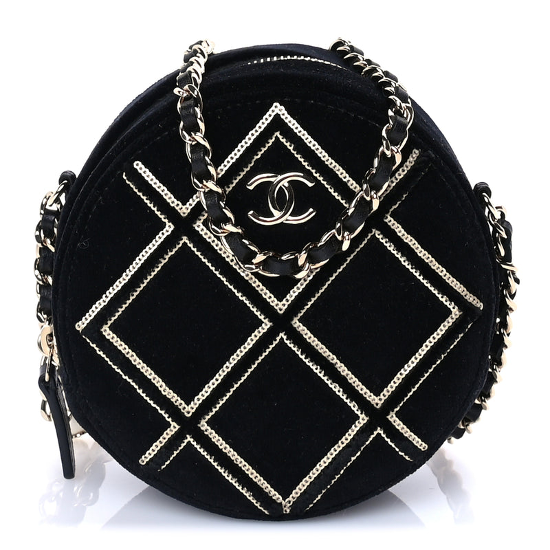  Chanel Velvet Sequin Round Clutch With Chain  Black