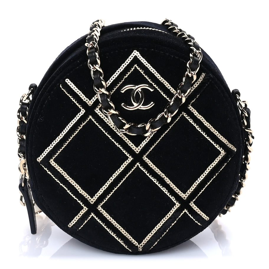 Chanel Velvet Sequin Round Clutch With Chain  Black Image 1