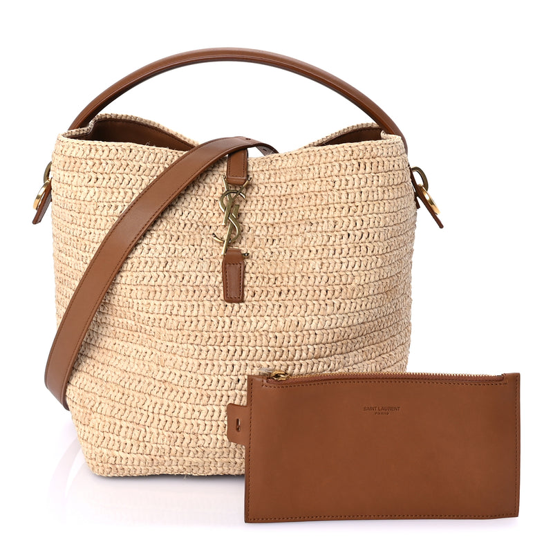  Saint Laurent Raffia Vegetable Tanned Calfskin Le 37 Bucket Bag Natural Brick