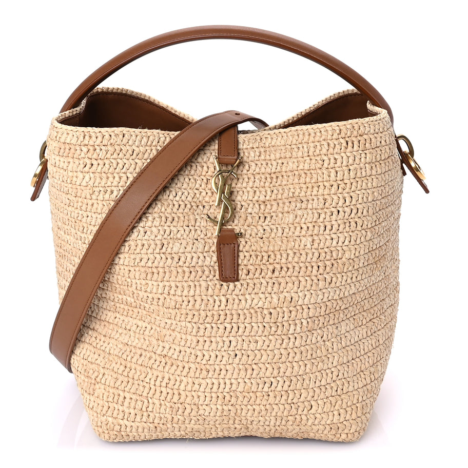 Saint Laurent Raffia Vegetable Tanned Calfskin Le 37 Bucket Bag Natural Brick Image 2