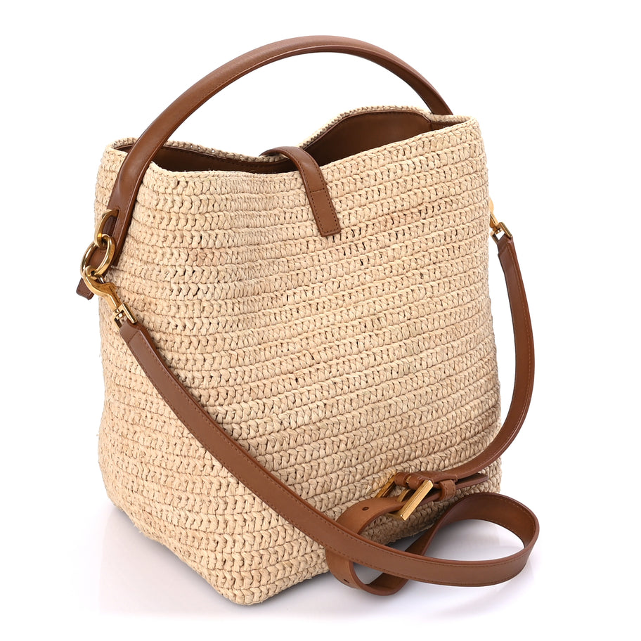 Saint Laurent Raffia Vegetable Tanned Calfskin Le 37 Bucket Bag Natural Brick Image 3