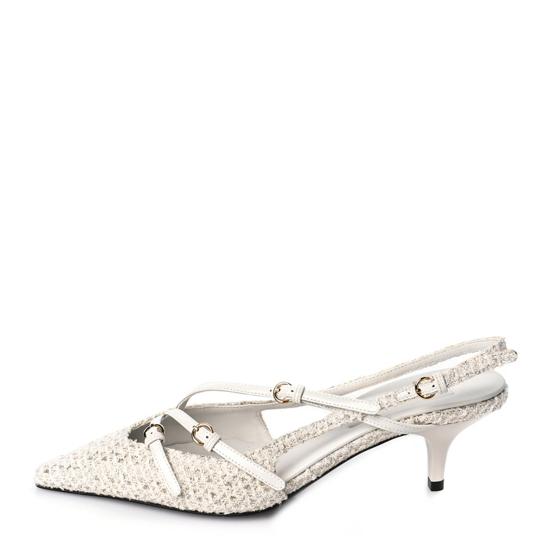  Miu Miu Tweed Buckle 55mm Slingback Pumps 37 White