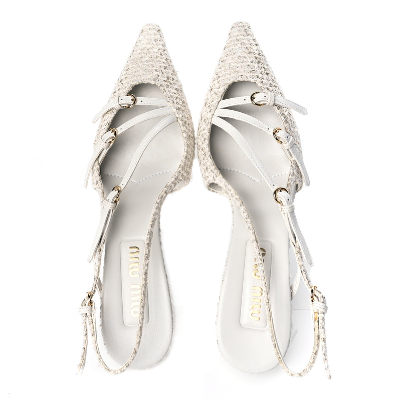  Miu Miu Tweed Buckle 55mm Slingback Pumps 37 White