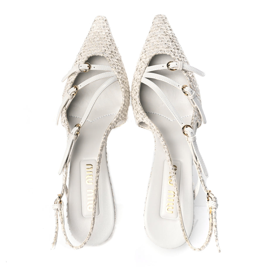 Miu Miu Tweed Buckle 55mm Slingback Pumps 37 White Image 2