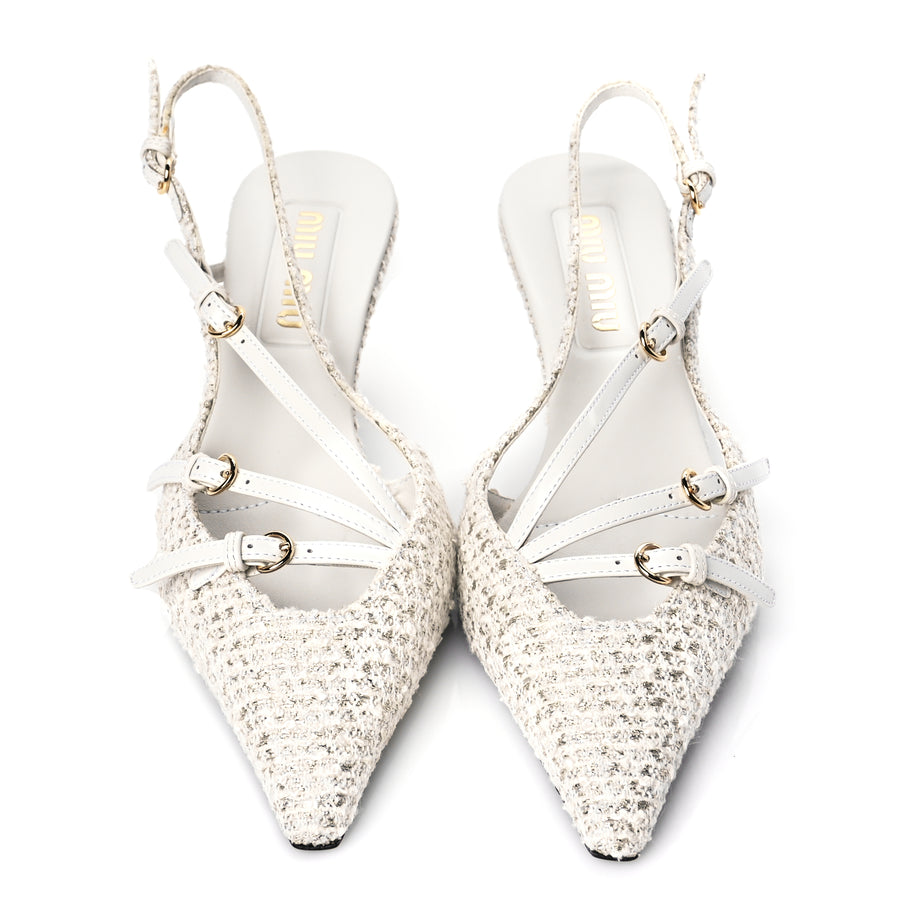 Miu Miu Tweed Buckle 55mm Slingback Pumps 37 White Image 3