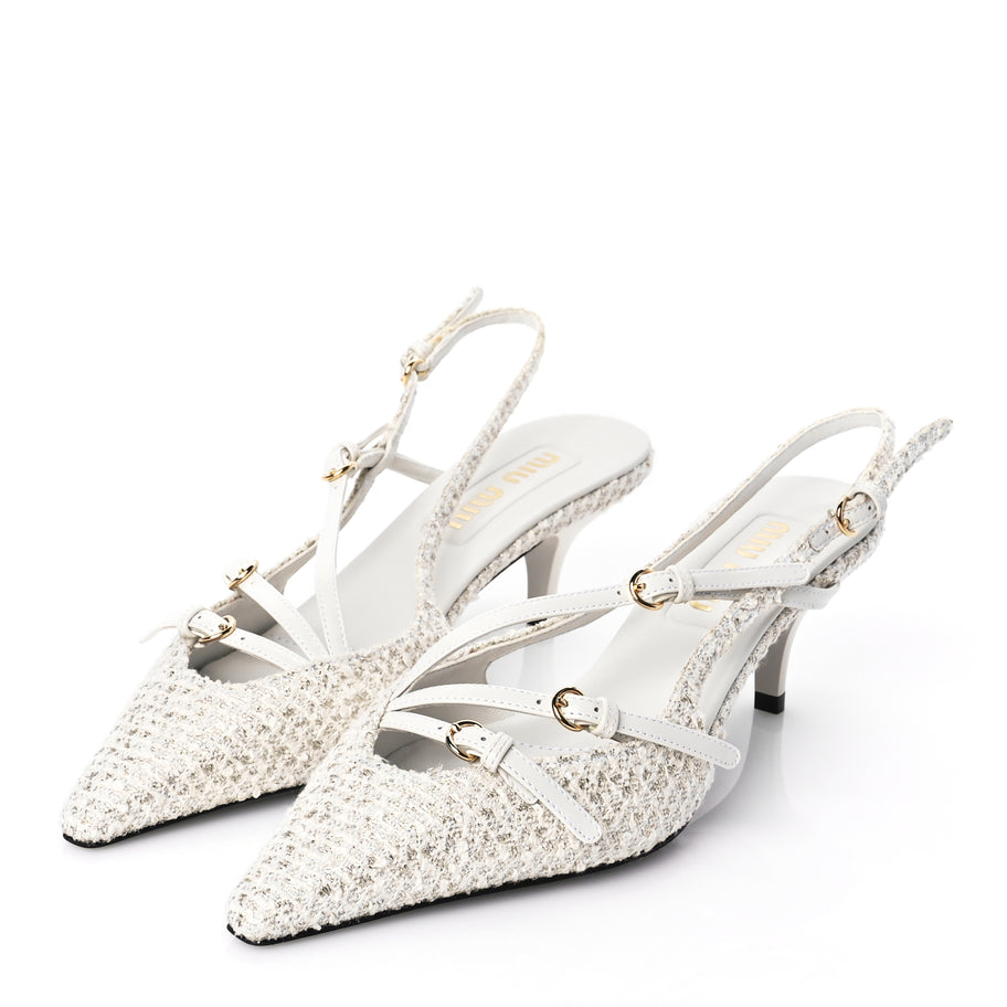 Miu Miu Tweed Buckle 55mm Slingback Pumps 37 White Image 4