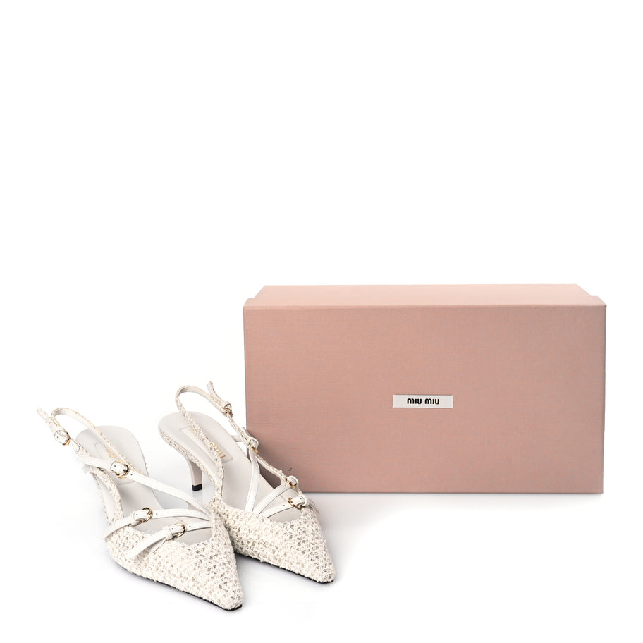 Miu Miu Tweed Buckle 55mm Slingback Pumps 37 White Image 8