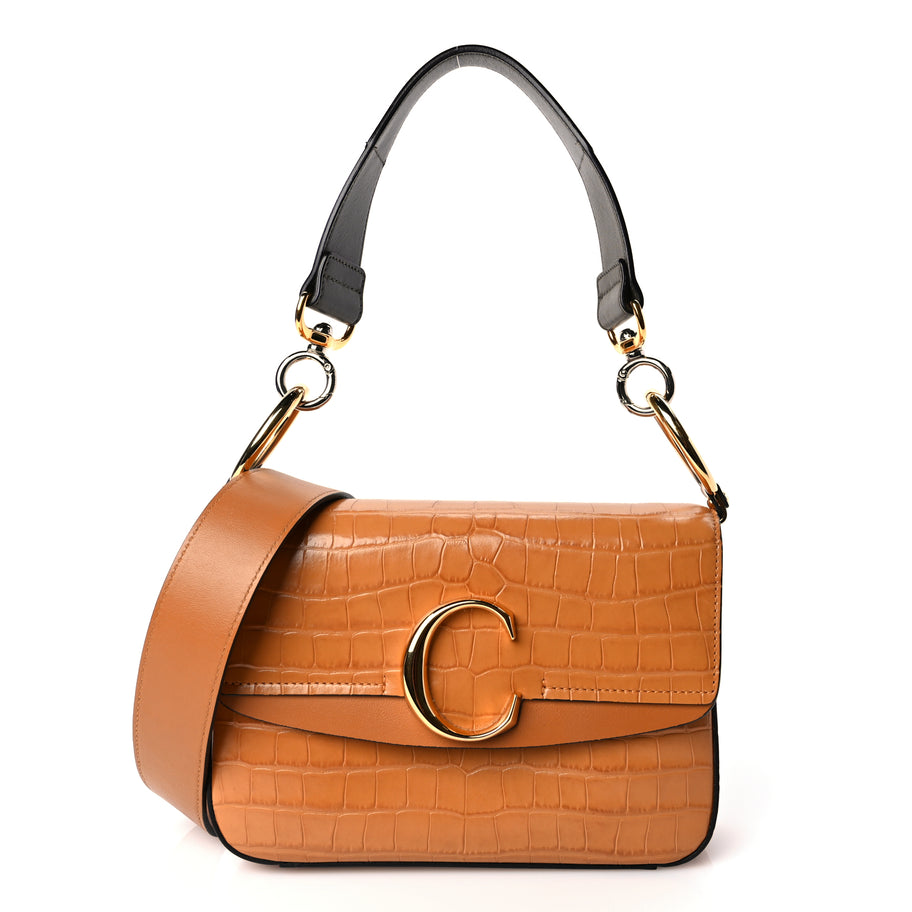 Chloe Calfskin Crocodile Embossed Small C Double Carry Autumnal Brown Image 1