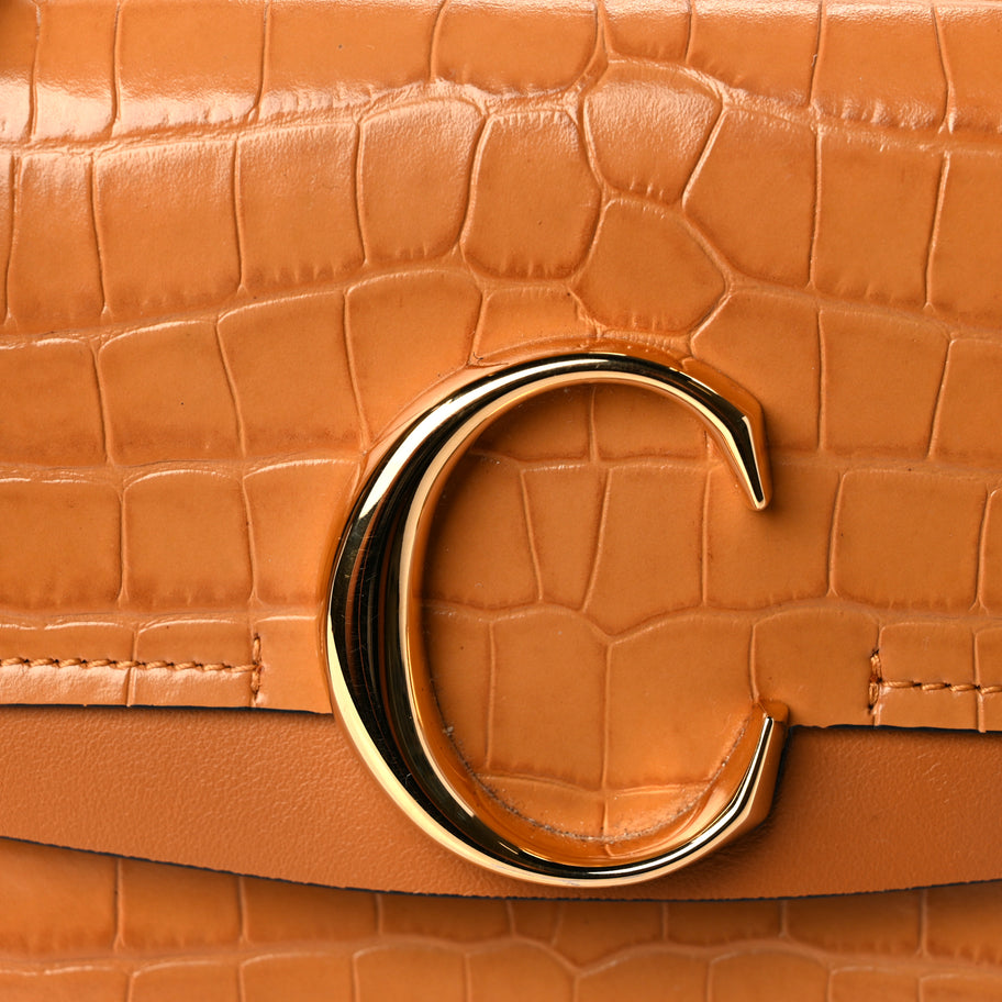 Chloe Calfskin Crocodile Embossed Small C Double Carry Autumnal Brown Image 6