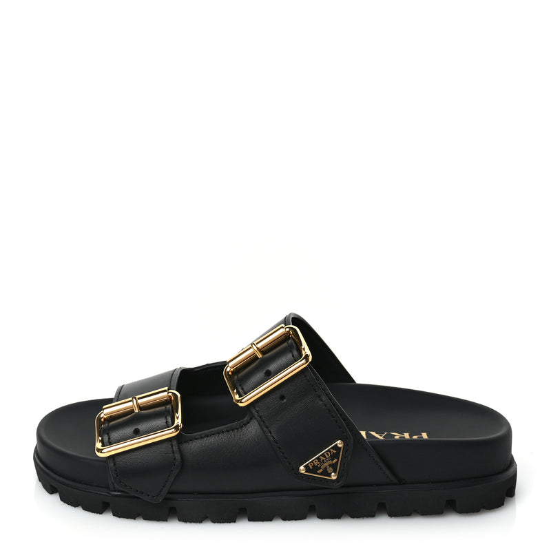  Prada Vitello Sport Metal Triangle Logo Womens Double Buckle 20mm Slide Sandals Black