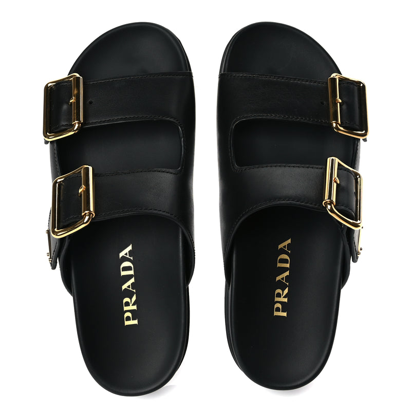  Prada Vitello Sport Metal Triangle Logo Womens Double Buckle 20mm Slide Sandals Black