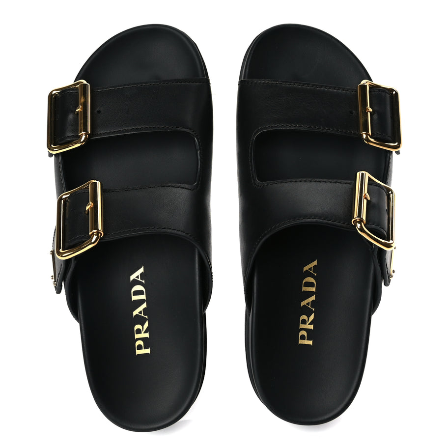 Prada Vitello Sport Metal Triangle Logo Womens Double Buckle 20mm Slide Sandals Black Image 2