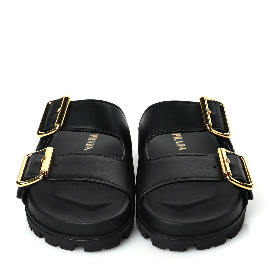 Prada Vitello Sport Metal Triangle Logo Womens Double Buckle 20mm Slide Sandals Black Image 3