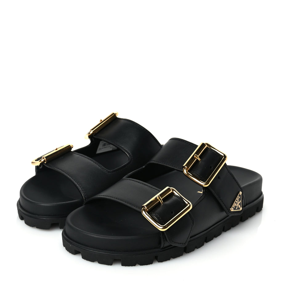 Prada Vitello Sport Metal Triangle Logo Womens Double Buckle 20mm Slide Sandals Black Image 4