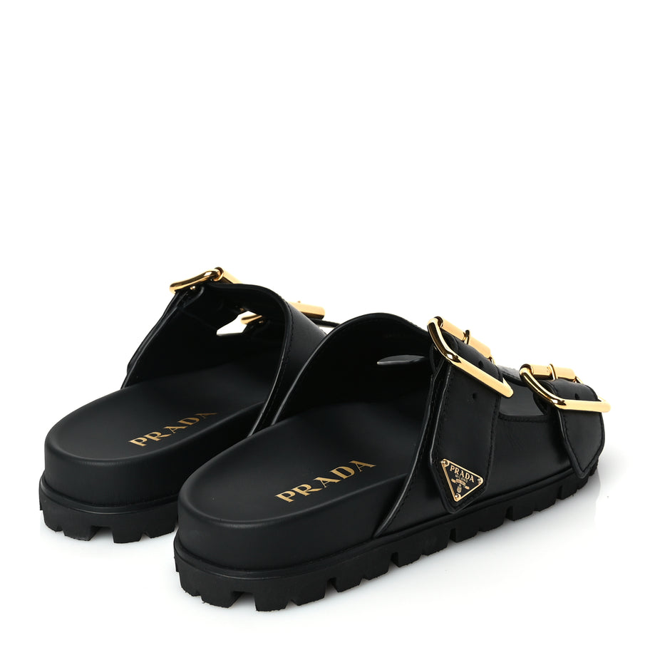 Prada Vitello Sport Metal Triangle Logo Womens Double Buckle 20mm Slide Sandals Black Image 5