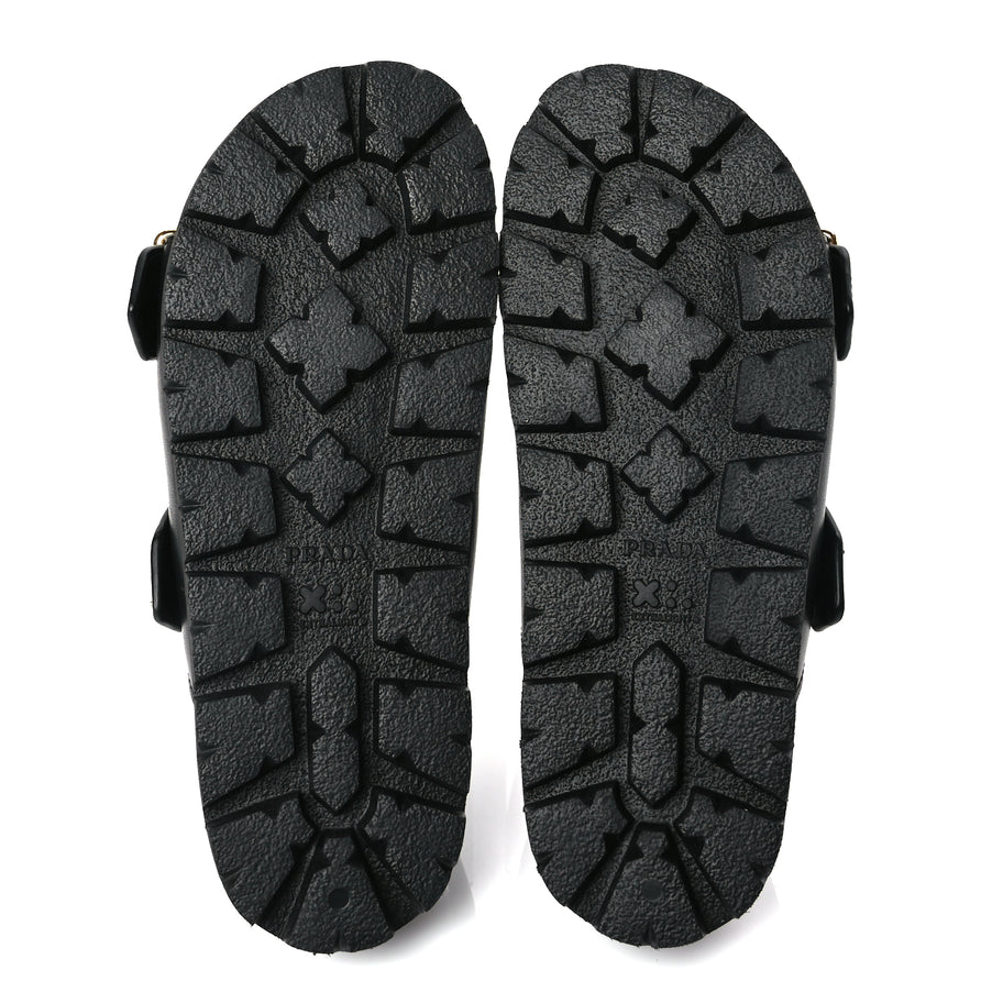 Prada Vitello Sport Metal Triangle Logo Womens Double Buckle 20mm Slide Sandals Black Image 6