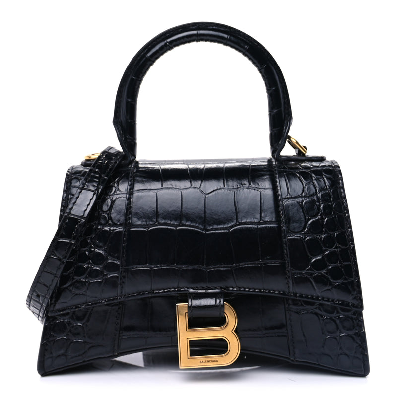  Balenciaga Shiny Calfskin Crocodile Embossed Hourglass Top Handle Bag XS  Black