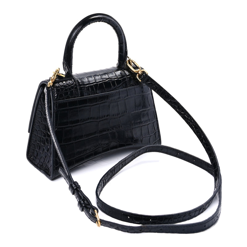  Balenciaga Shiny Calfskin Crocodile Embossed Hourglass Top Handle Bag XS  Black