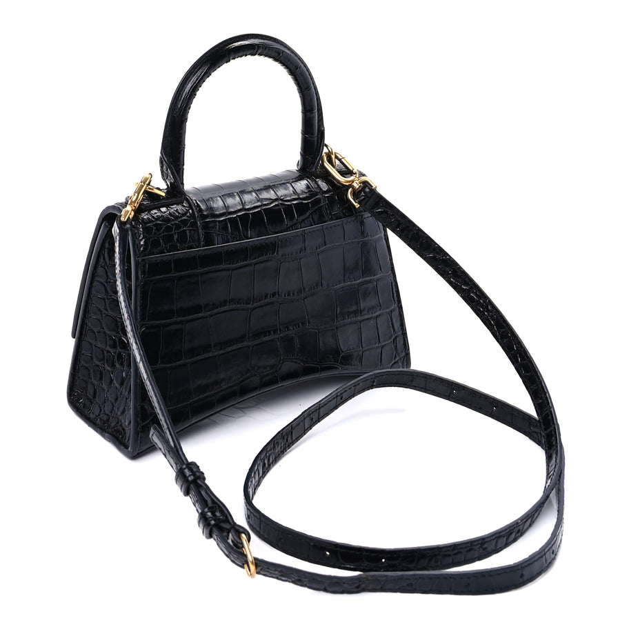 Balenciaga Shiny Calfskin Crocodile Embossed Hourglass Top Handle Bag XS  Black Image 2