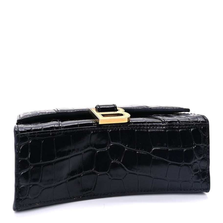 Balenciaga Shiny Calfskin Crocodile Embossed Hourglass Top Handle Bag XS  Black Image 3
