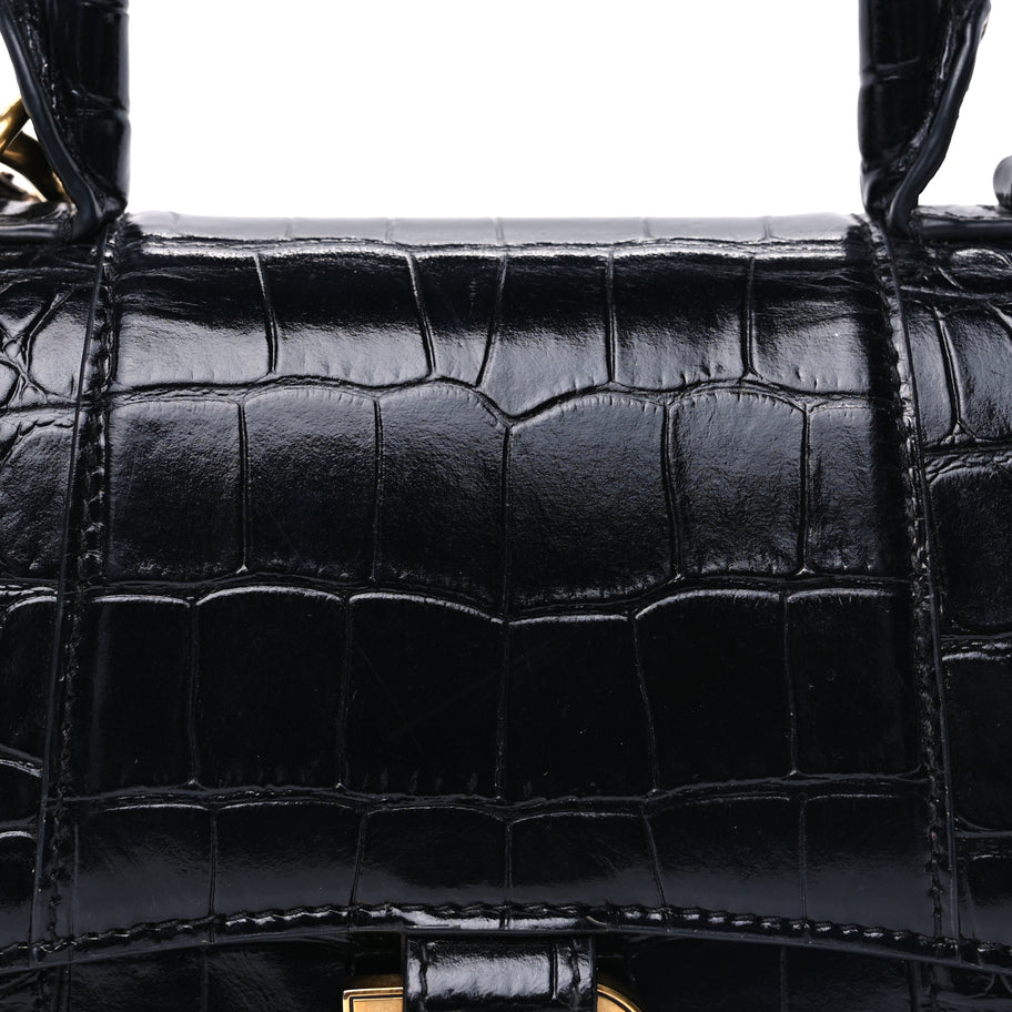 Balenciaga Shiny Calfskin Crocodile Embossed Hourglass Top Handle Bag XS  Black Image 6