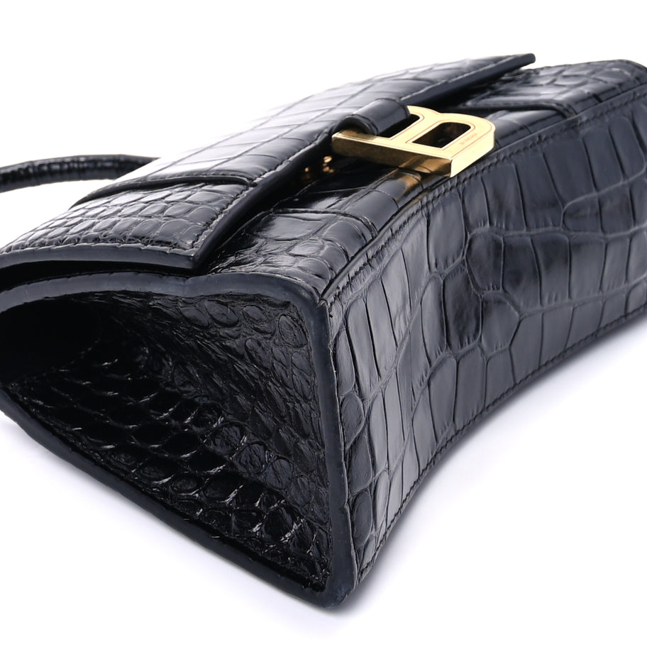 Balenciaga Shiny Calfskin Crocodile Embossed Hourglass Top Handle Bag XS  Black Image 7