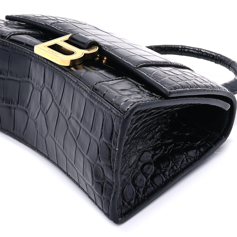 Balenciaga Shiny Calfskin Crocodile Embossed Hourglass Top Handle Bag XS  Black Image 8