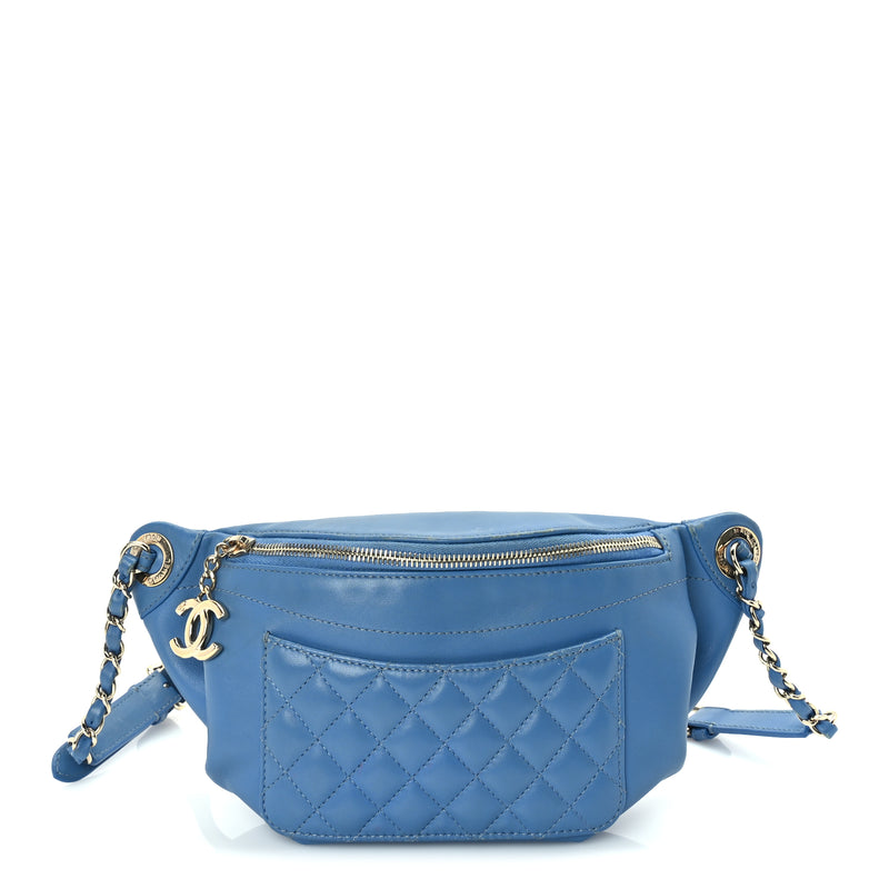  Chanel Lambskin Quilted Bi Waist Bag Pack  Blue