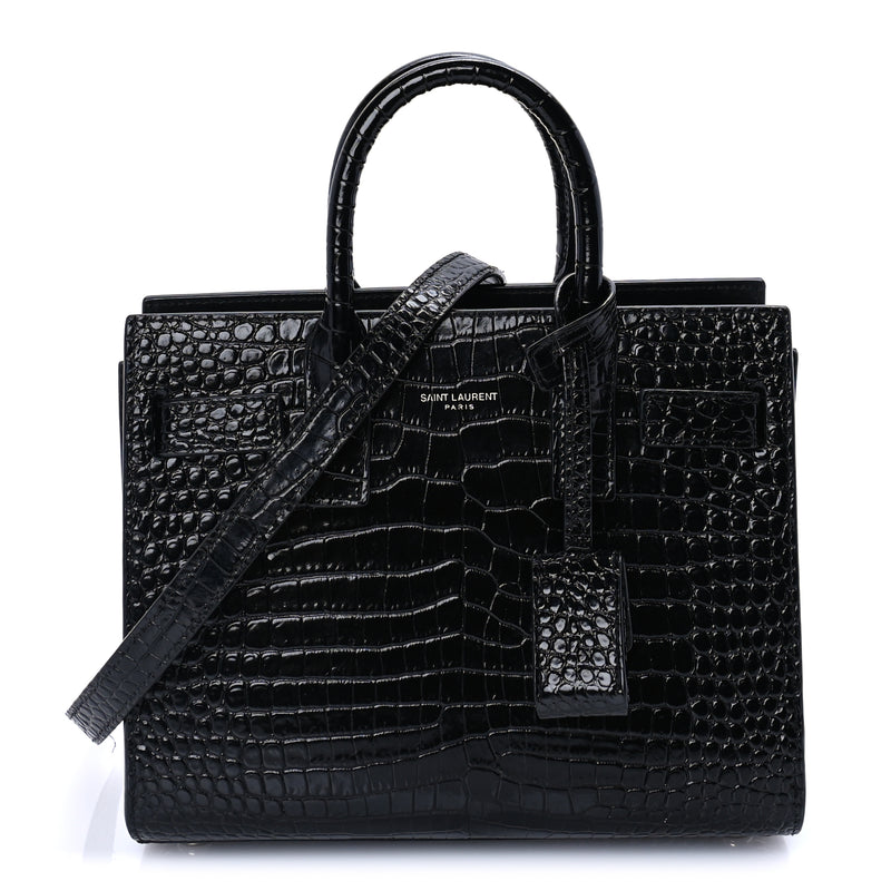  Saint Laurent Calfskin Crocodile Embossed Nano Sac De Jour Black
