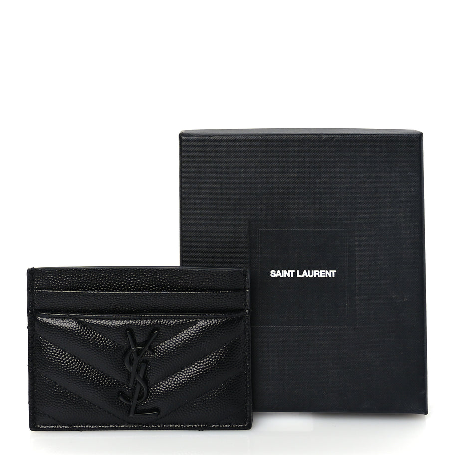 Saint Laurent Grain De Poudre Matelasse Chevron Monochrome Monogram Credit Card Case Black Image 2