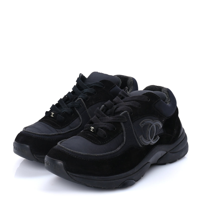  Chanel Fabric Calfskin Suede CC Sneakers 38 Black