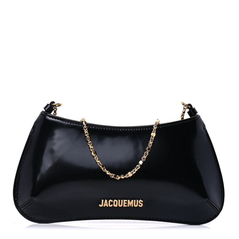  Jacquemus Glazed Calfskin The Small Bisou Chaine Shoulder Bag Black