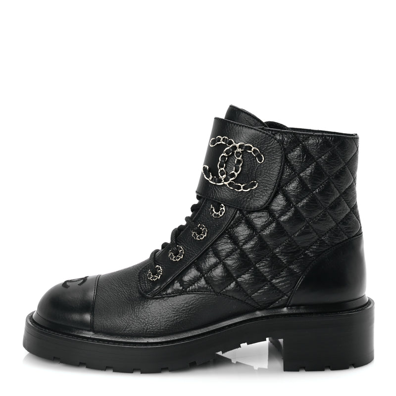  Chanel Shiny Goatskin Calfskin Quilted Lace Up Combat Boots 40 Black
