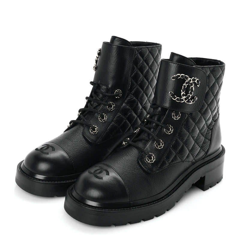  Chanel Shiny Goatskin Calfskin Quilted Lace Up Combat Boots 40 Black