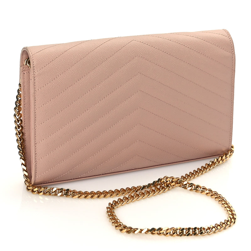  Saint Laurent Grain De Poudre Matelasse Chevron Monogram Chain Wallet Pale Blush