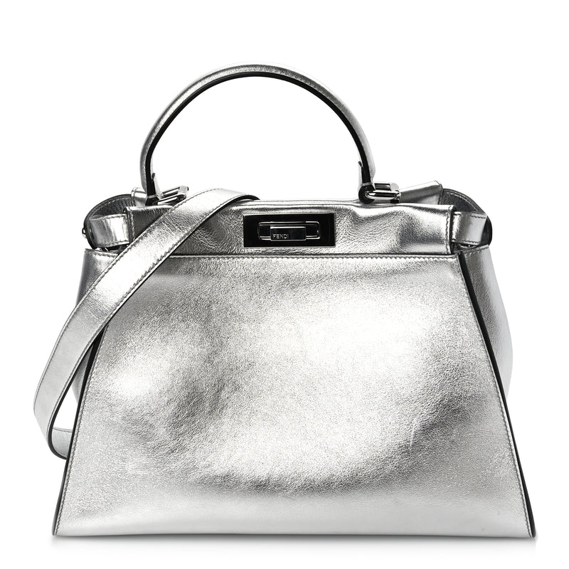  Fendi Vitello Catalan Mirror Medium Peekaboo Iconic Satchel Argento